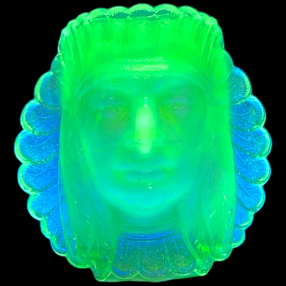 Boyd Glass Indian Head Toothpick Holder 1997 Lemon Custard Vaseline GLOWS  B442 - Picture 1 of 15